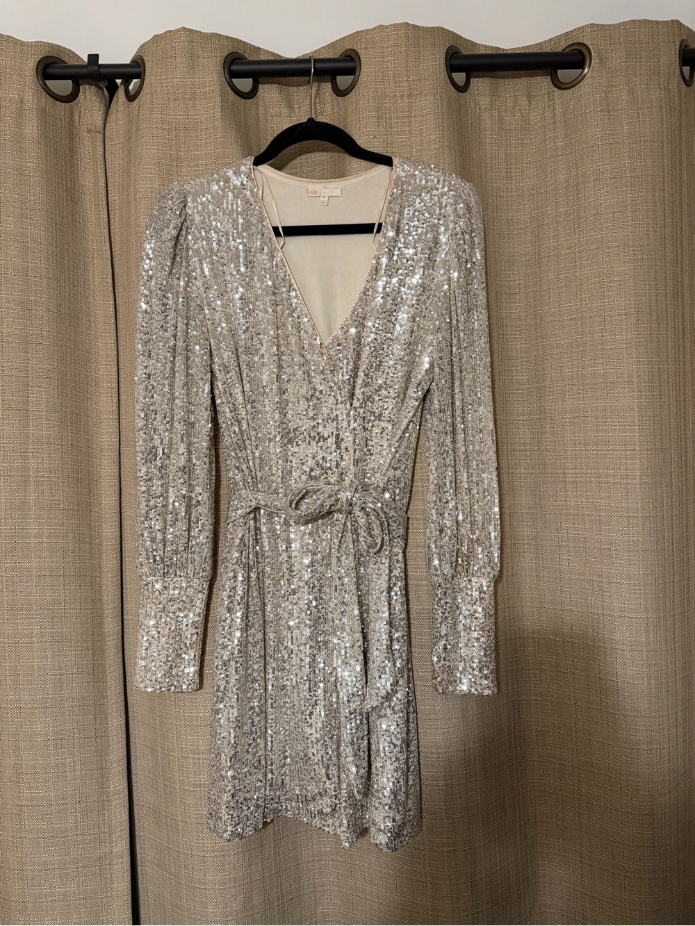 Gianni Bini Silver Sequin Long Sleeve Wrap Dress